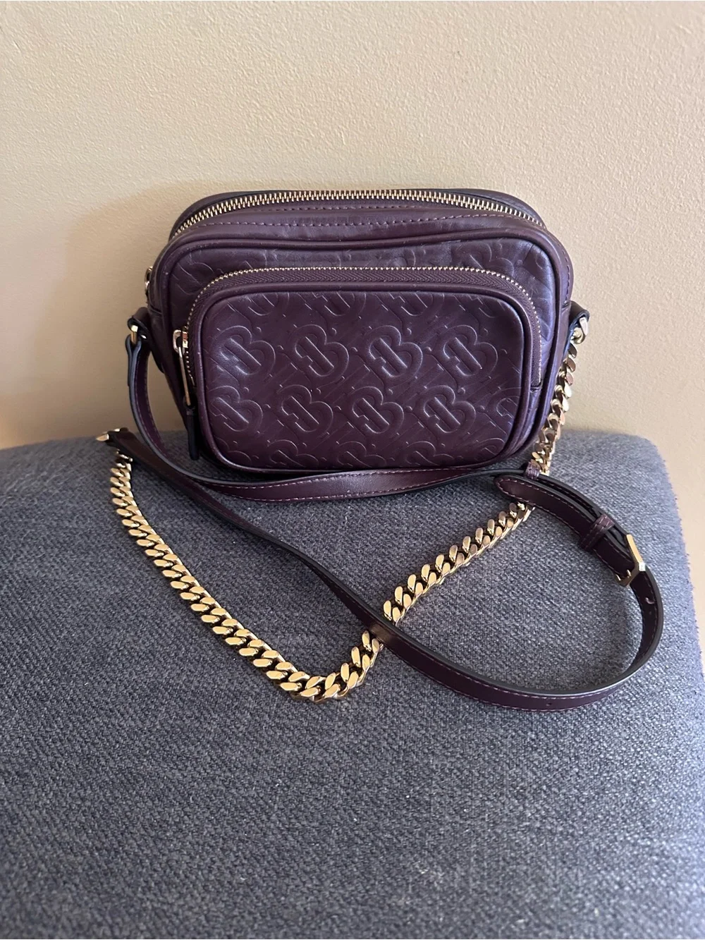 Burberry AUTHENTIC leather TB Monogram Deep Plum Crossbody Bag Gold Chain Accent